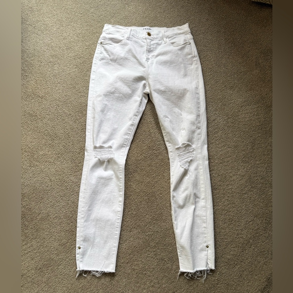 Frame Denim White Le High Skinny Crop Distressed Jeans